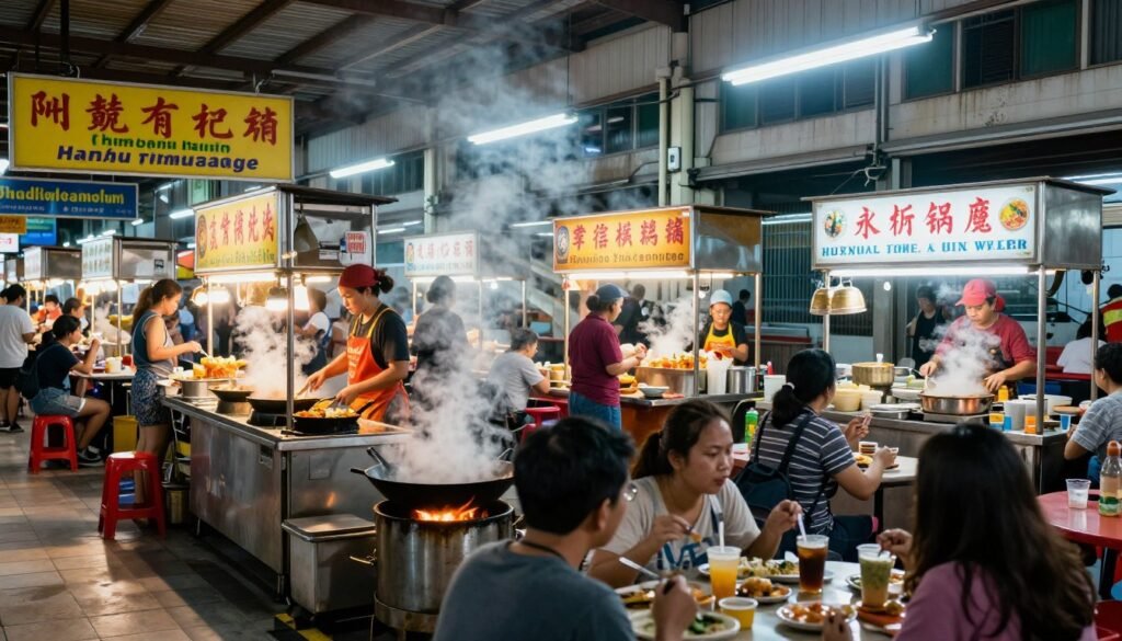Busy hawker center with vendors cooking street food