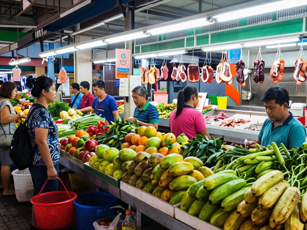 Busy morning scene at Chow Kit Market with fresh produce and local vendors