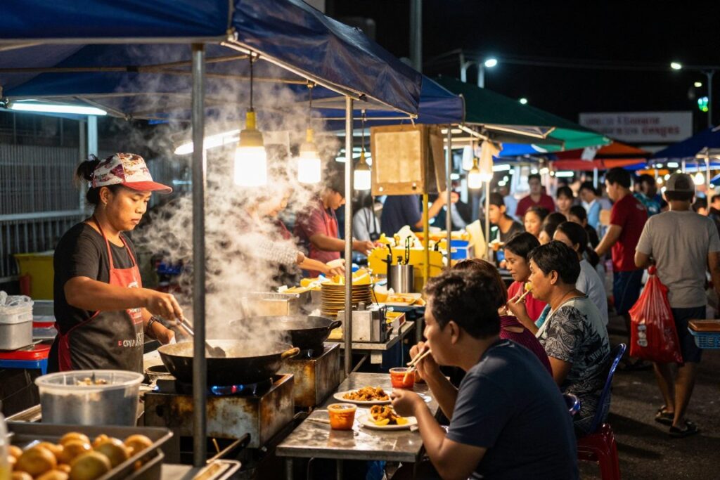 Busy night food market with vendors cooking fresh local dishes