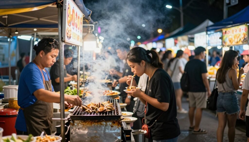 Busy night market food stalls with grilling seafood and vendors