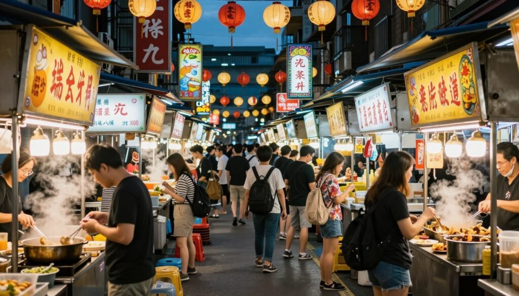 Busy night market in Taipei with colorful stalls and crowds of people Busy night market in Taipei with colorful stalls and crowds of people