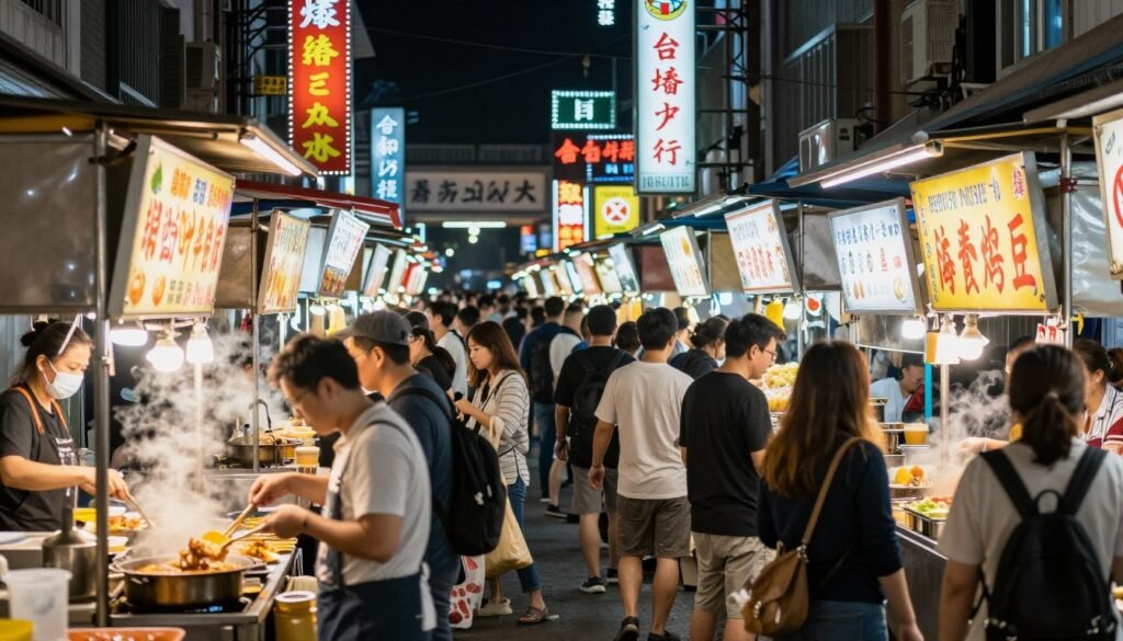 Busy night market scene with food stalls and crowds