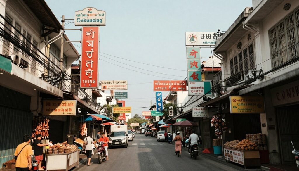 Busy old commercial street in Bangkok Chinatown with vintage shophouses and signage