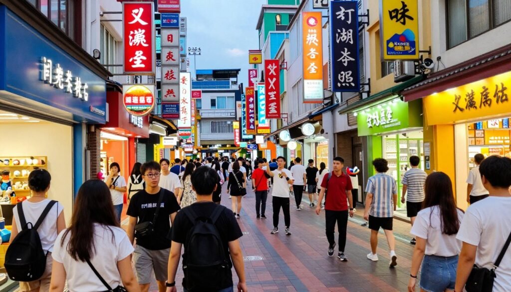 Busy pedestrian street in Ximending with shops and crowds Busy pedestrian street in Ximending with shops and crowds