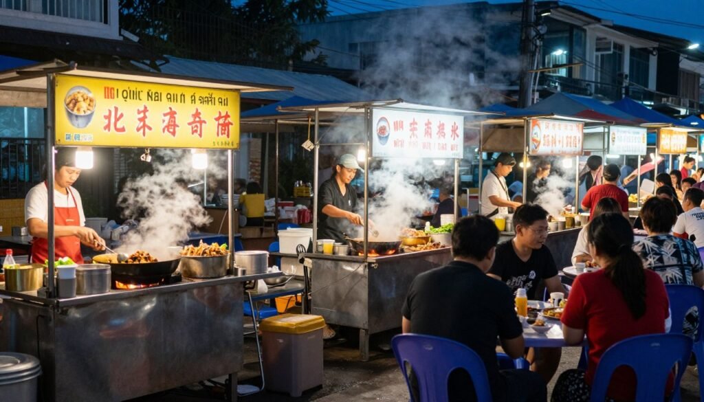 Busy street food market at night Busy street food market at night