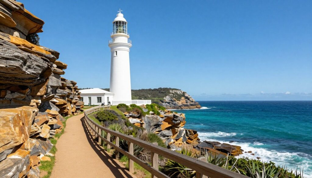 Byron Bay lighthouse on headland with ocean views and coastal scenery