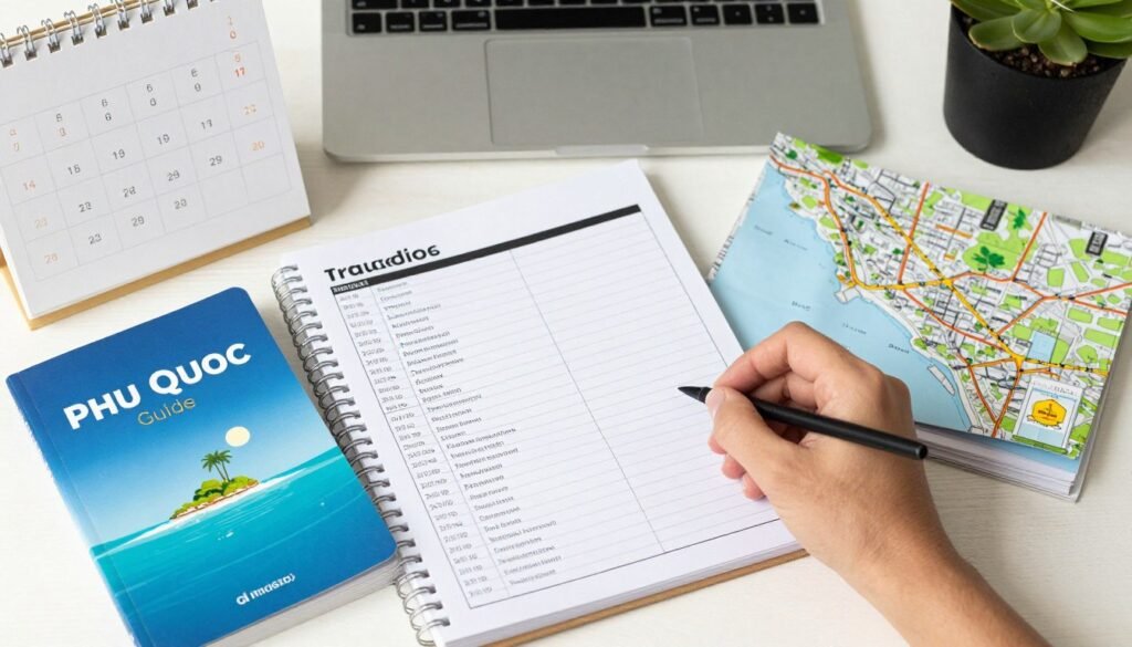 Calendar and travel planning materials for Phu Quoc trip