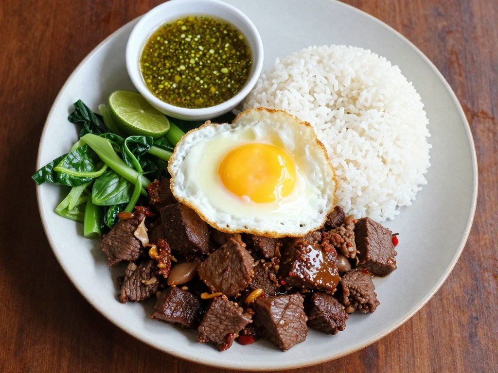 Cambodian beef lok lak with rice and vegetables