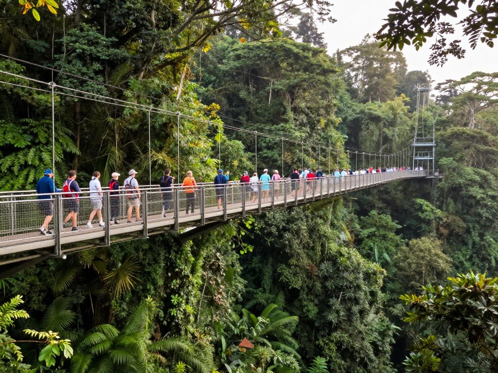 Canopy walkway suspended in rainforest with tourists observing wildlife and plants