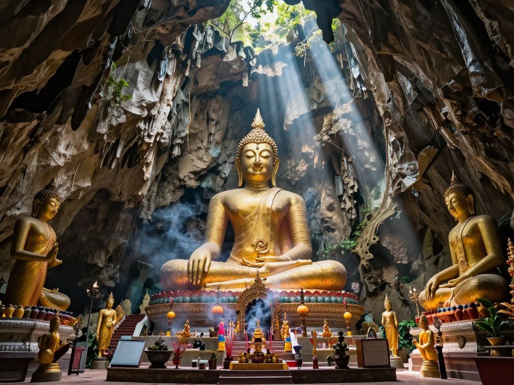 Cave temple with Buddha statues inside limestone cavern