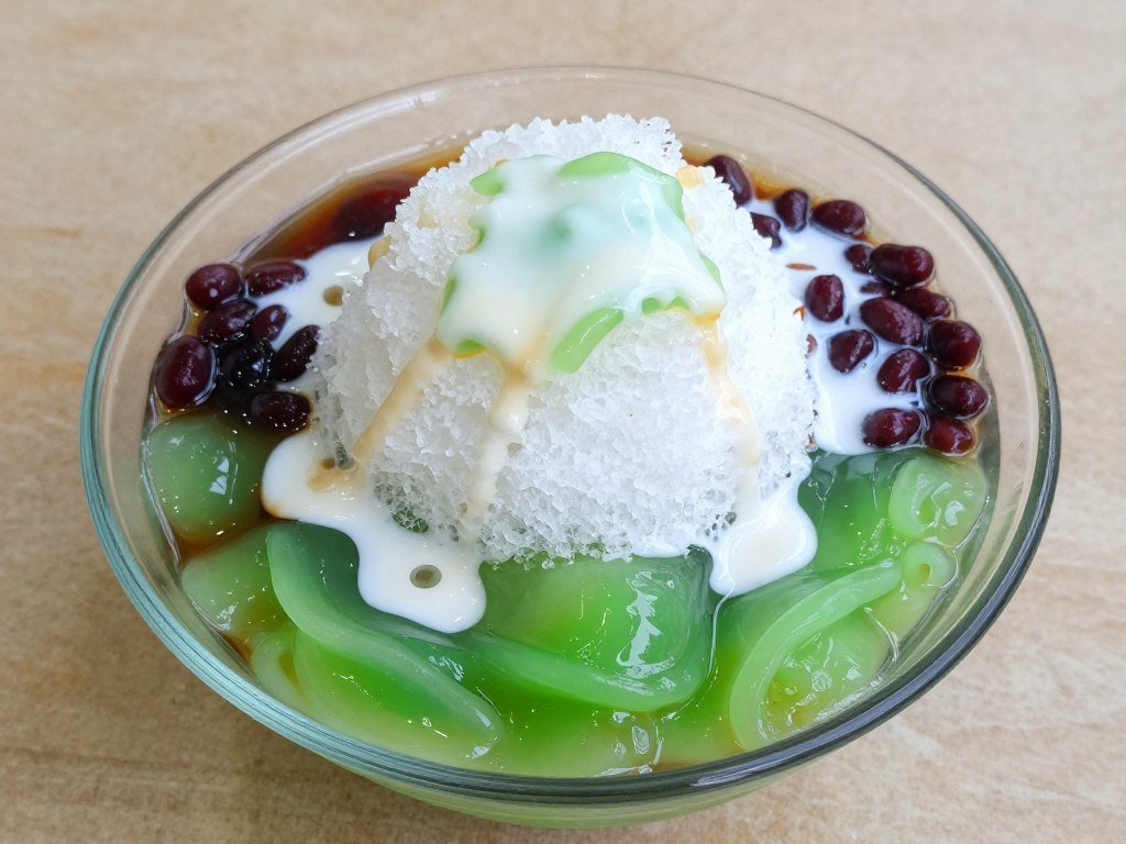 Cendol dessert with shaved ice, green pandan jelly, and palm sugar syrup