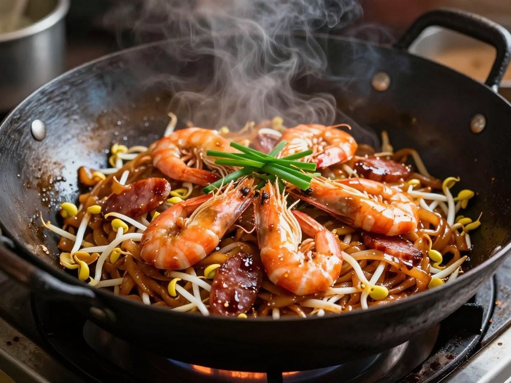 Char kway teow stir-fried rice noodles with shrimp, bean sprouts, and egg
