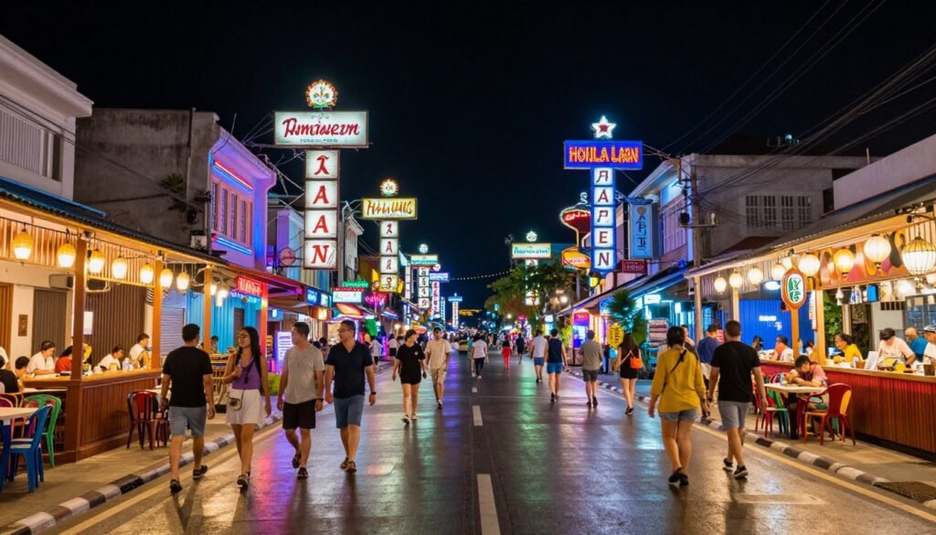 Chaweng Beach Road nightlife with neon lights and bars