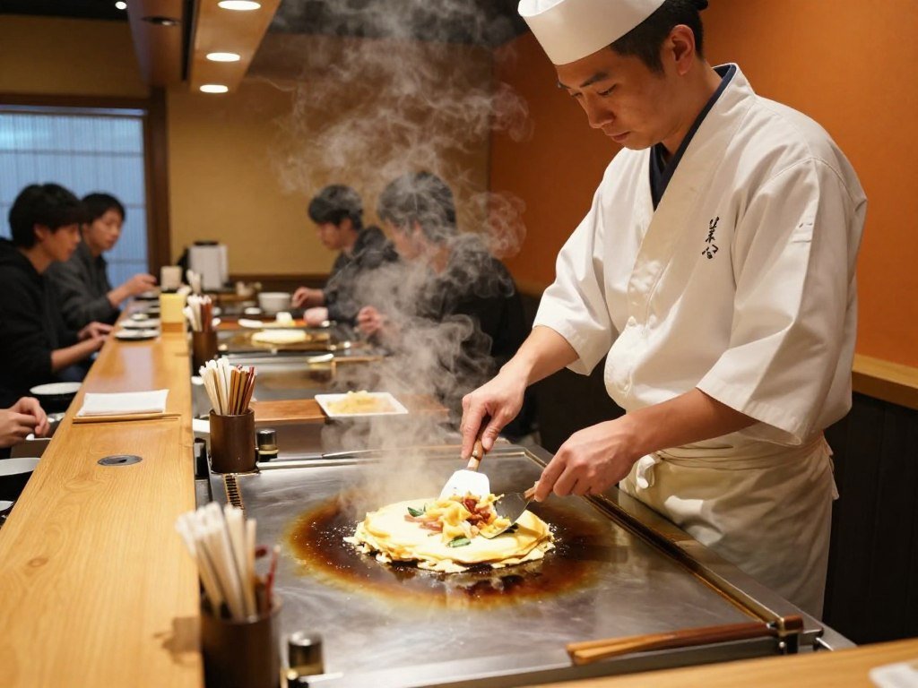 Chef preparing okonomiyaki on traditional griddle in Osaka restaurant