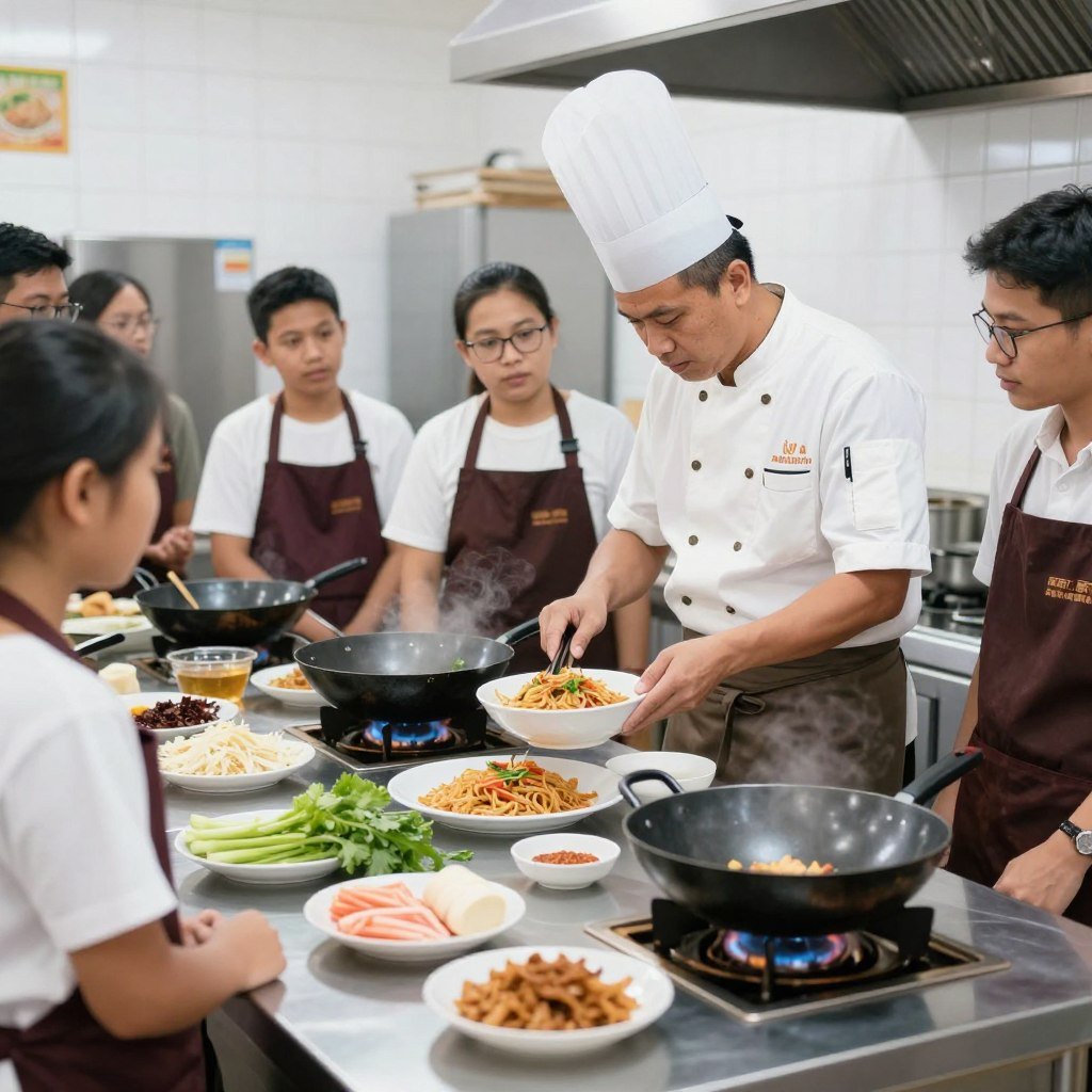 Chef teaching cooking class preparing local dishes