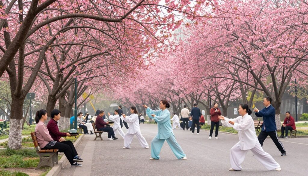 Chengdu People Park in spring with blooming flowers and locals relaxing