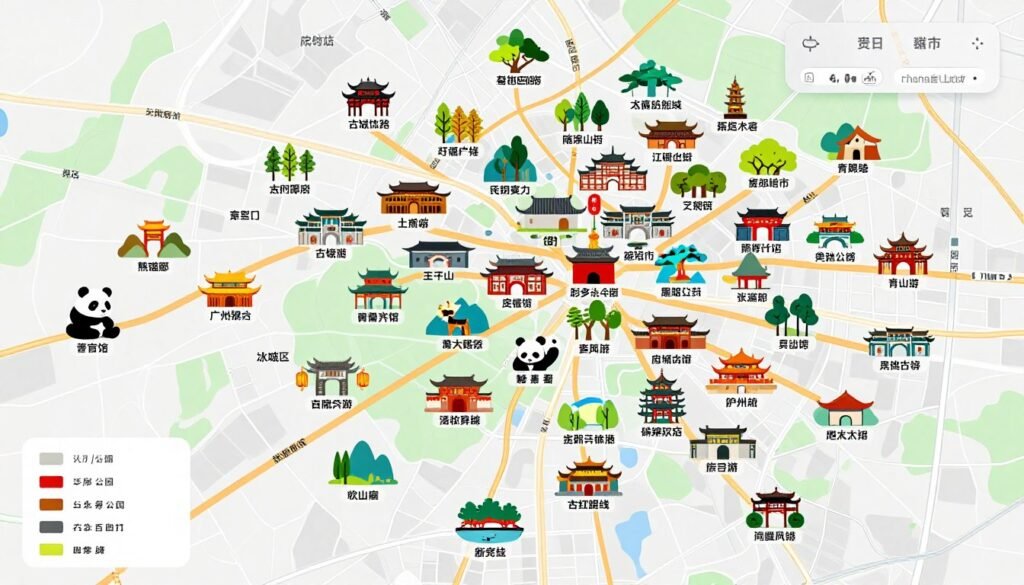 Chengdu city map with tourist attractions marked