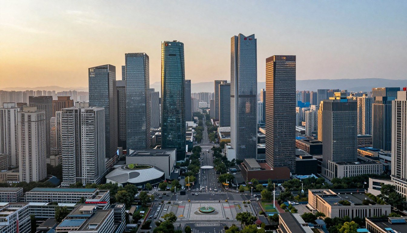 Chengdu city skyline with modern buildings and traditional architecture during golden hour