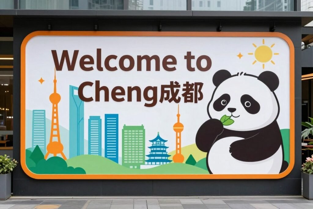 Chengdu welcome sign with pandas and city landmarks