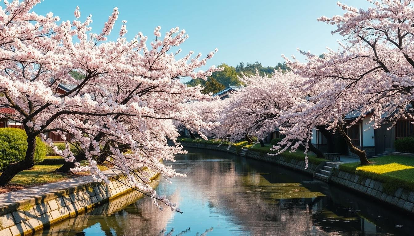 Cherry blossom trees in full bloom along a canal in Japan during spring, with traditional buildings in the background
