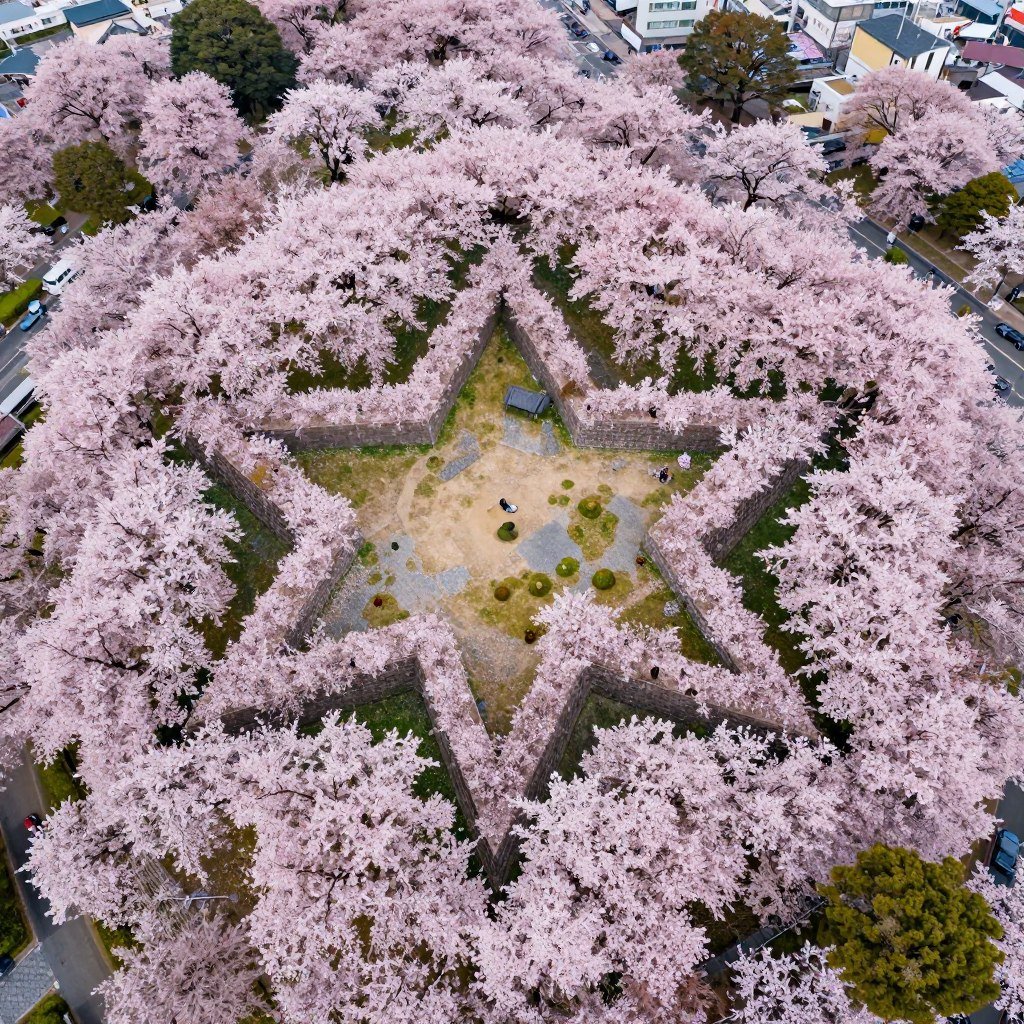 Cherry blossom trees in full bloom at Goryokaku Park