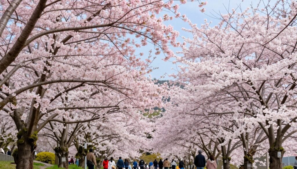 Cherry blossom trees in full bloom at Yangmingshan with visitors Cherry blossom trees in full bloom at Yangmingshan with visitors