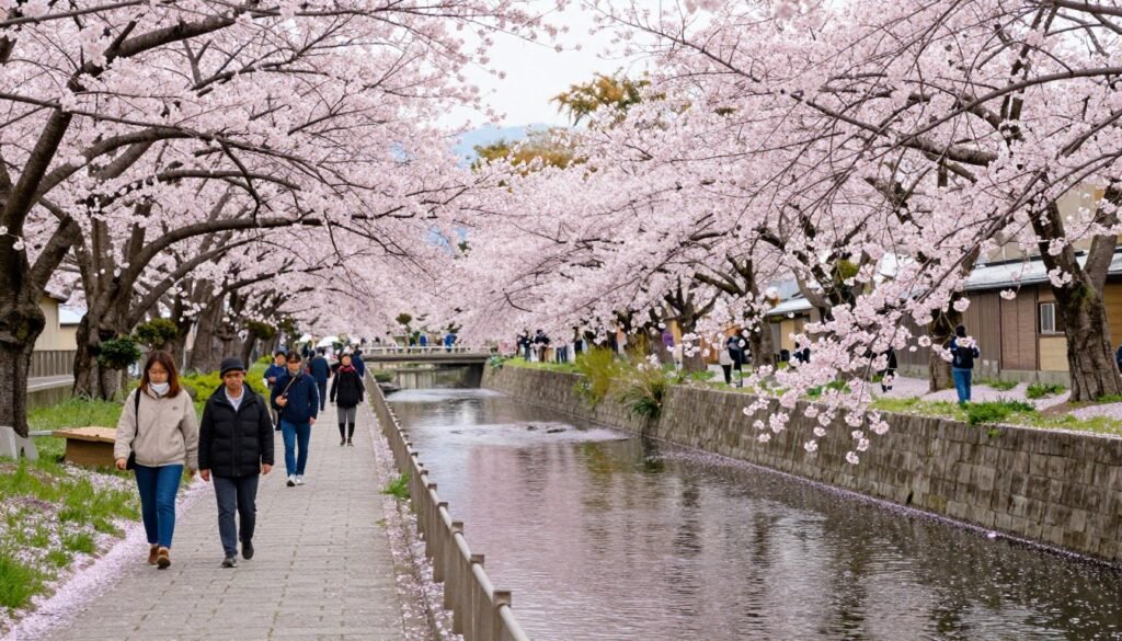 Cherry blossoms along Philosopher's Path canal with pedestrians Cherry blossoms along Philosopher's Path canal with pedestrians