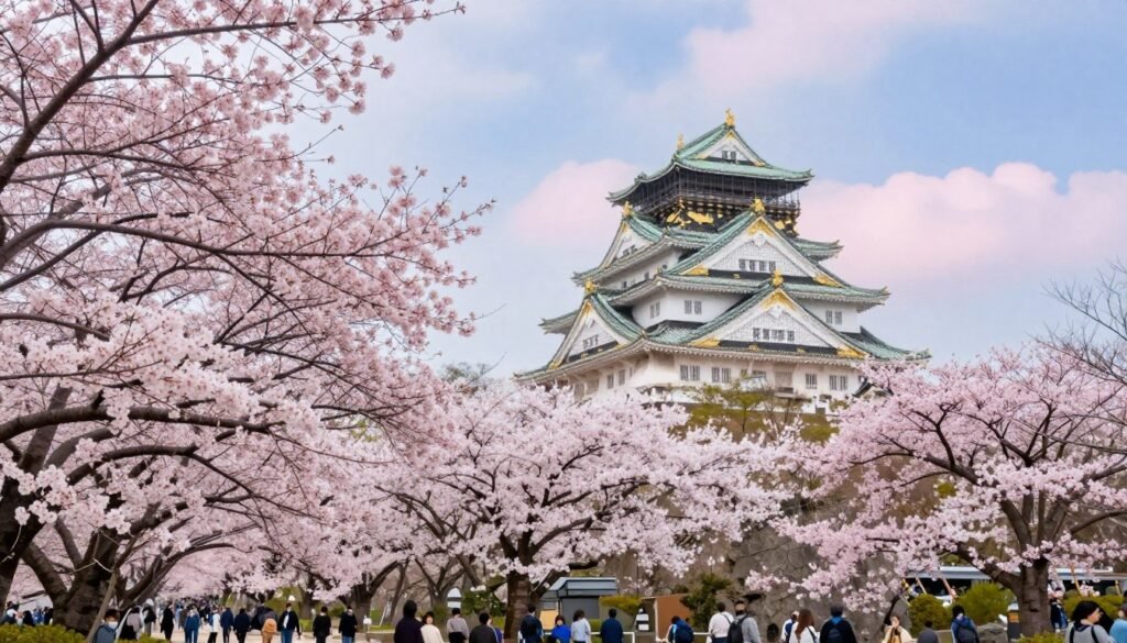 Cherry blossoms blooming around Osaka Castle in spring season