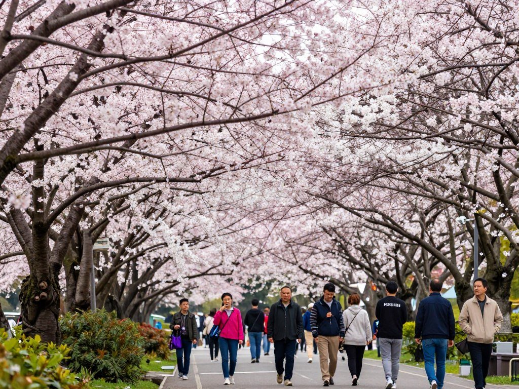 Cherry blossoms blooming in Taipei park during spring season with locals enjoying the scenery Cherry blossoms blooming in Taipei park during spring season with locals enjoying the scenery