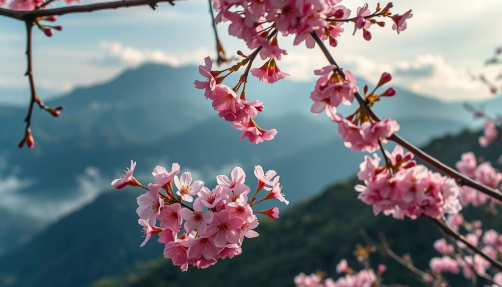 Cherry blossoms blooming in Taiwan during spring with mountains in background