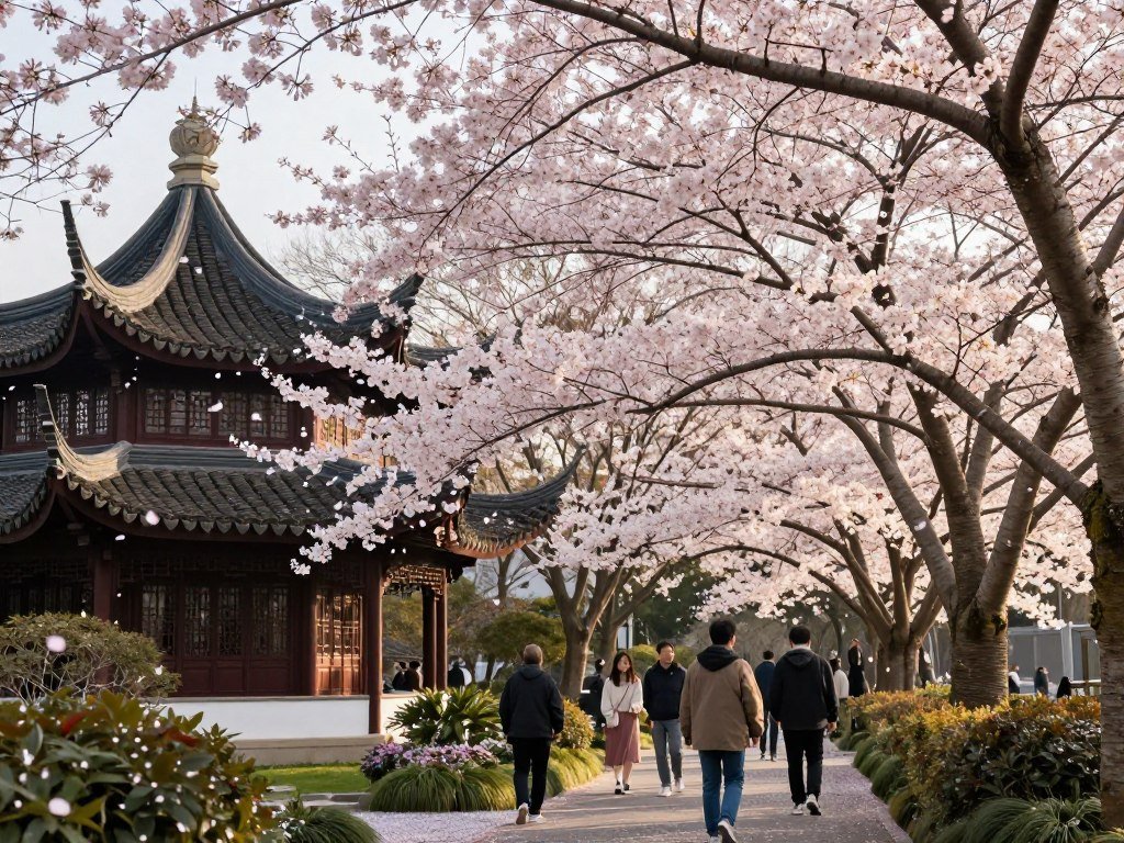 Cherry blossoms blooming in Yu Garden during Shanghai spring season