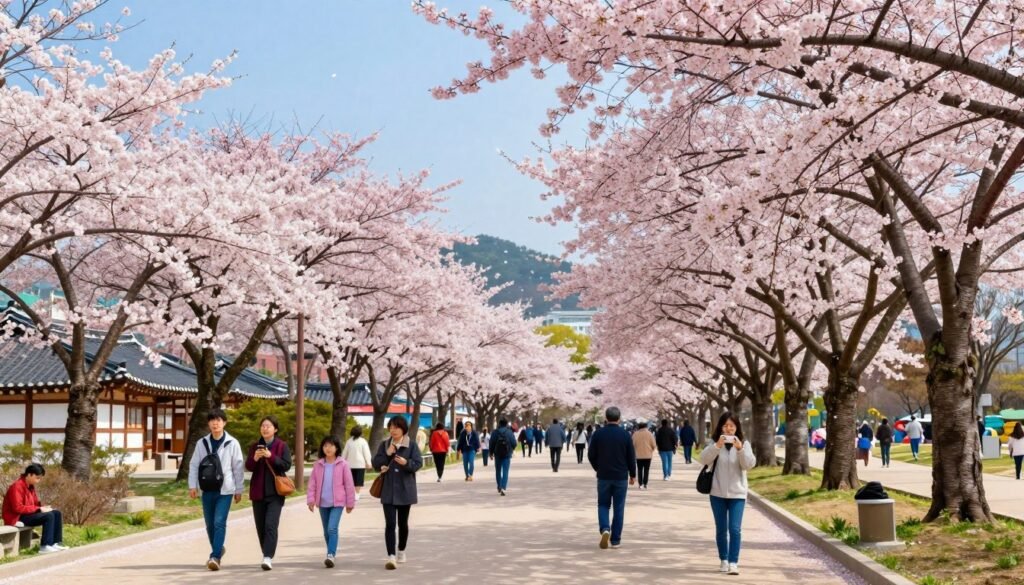 Cherry blossoms in full bloom along Seoul's Yeouido Spring Flower Festival with people walking underneath pink trees