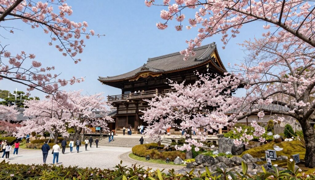 Cherry blossoms in full bloom framing traditional Kyoto temple with visitors walking paths Cherry blossoms in full bloom framing traditional Kyoto temple with visitors walking paths