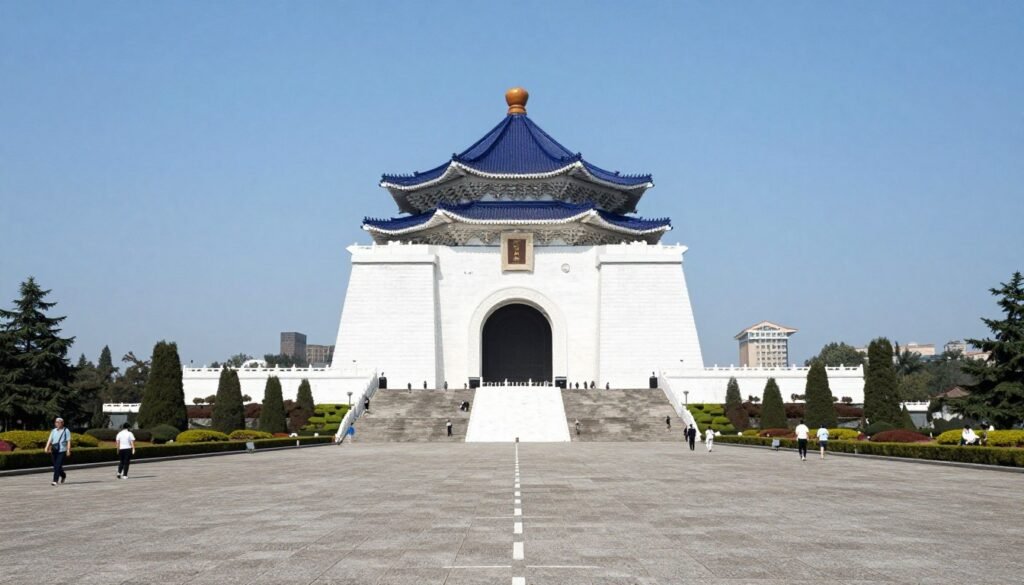 Chiang Kai-shek Memorial Hall with plaza and gardens during daytime Chiang Kai-shek Memorial Hall with plaza and gardens during daytime