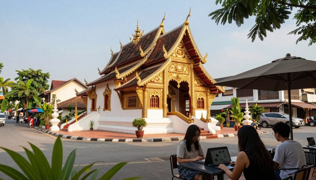 Chiang Mai old city temple with digital nomad cafe in foreground