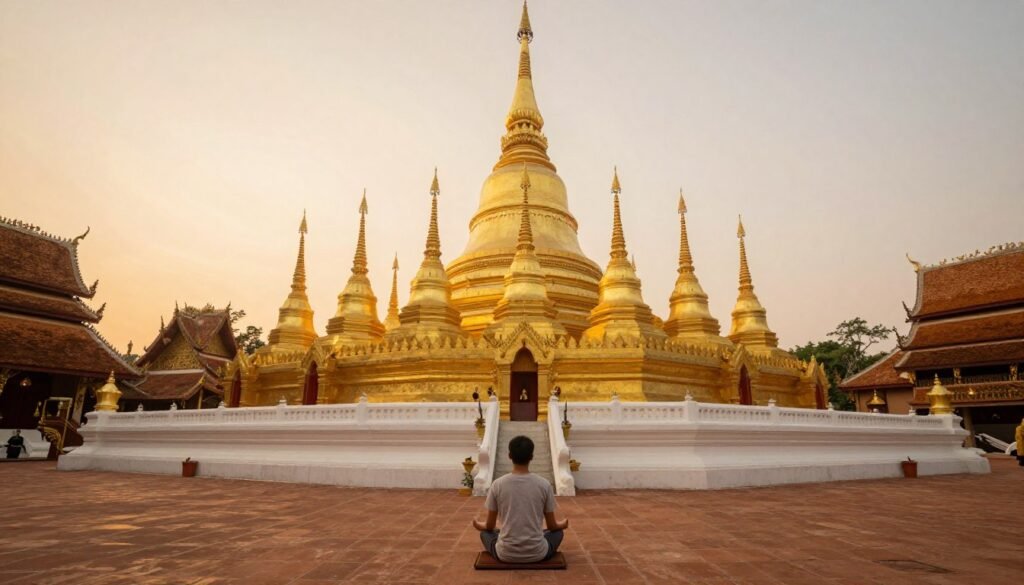 Chiang Mai temple with solo traveler meditating