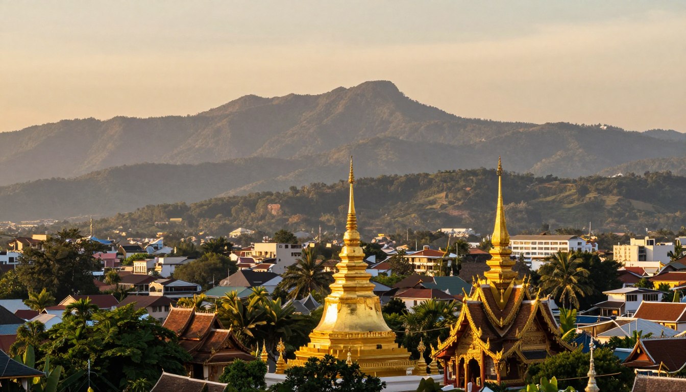 Chiang Mai travel guide featuring ancient temples and mountain landscape at sunset