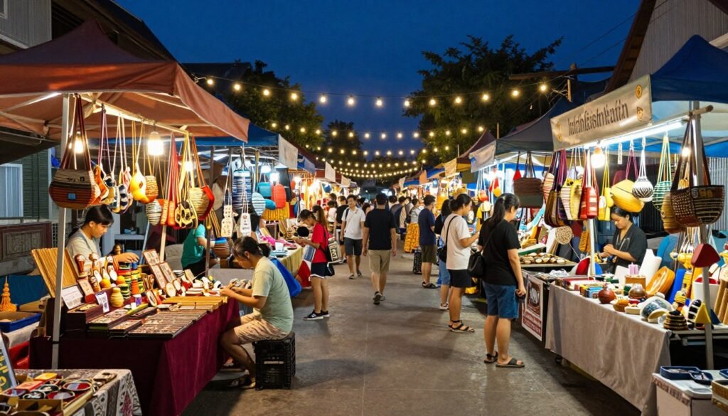 Chiang Rai night bazaar with colorful stalls and evening lights