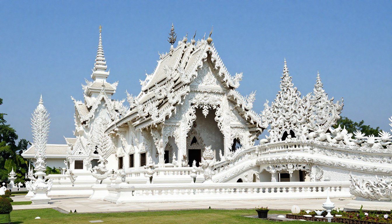 Chiang Rai travel guide featuring the iconic White Temple with intricate white architecture and ornate details
