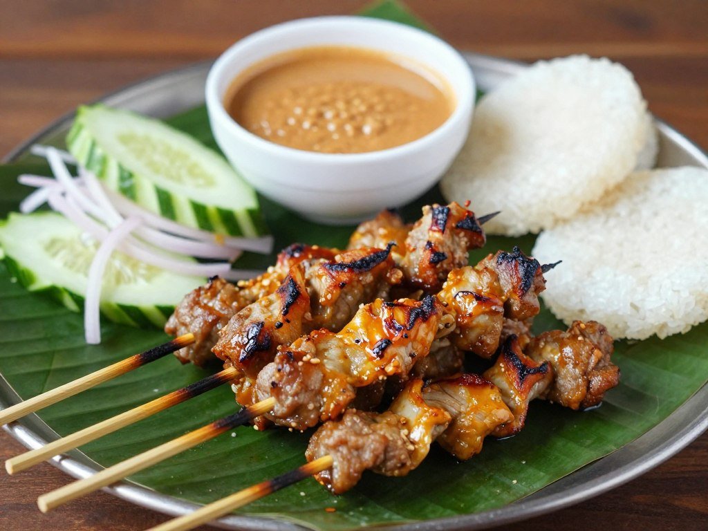 Chicken satay skewers with peanut sauce and cucumber onion relish showing popular street food in Kuala Lumpur