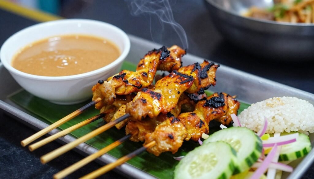 Chicken satay skewers with peanut sauce and cucumber salad