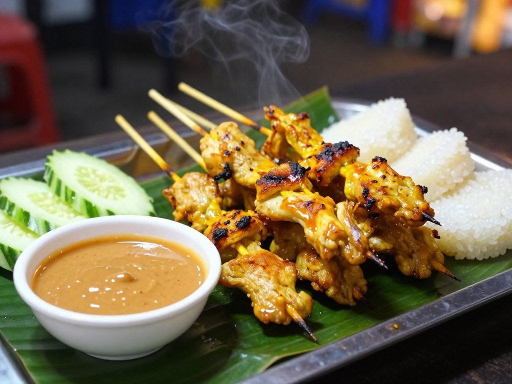 Chicken satay skewers with peanut sauce, cucumber, and rice cakes