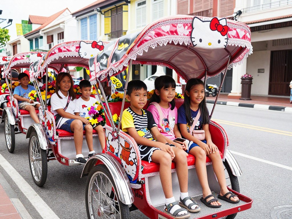 Children enjoying colorful trishaw ride in Malacca