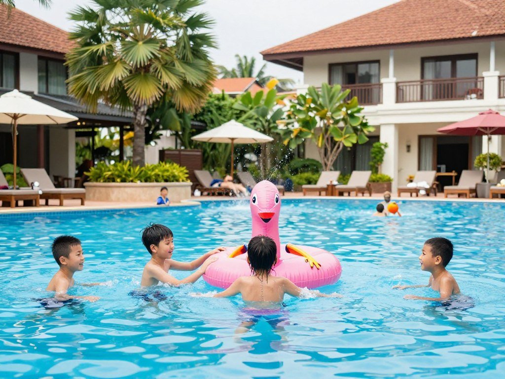 Children enjoying swimming pool at Siem Reap family resort Children enjoying swimming pool at Siem Reap family resort