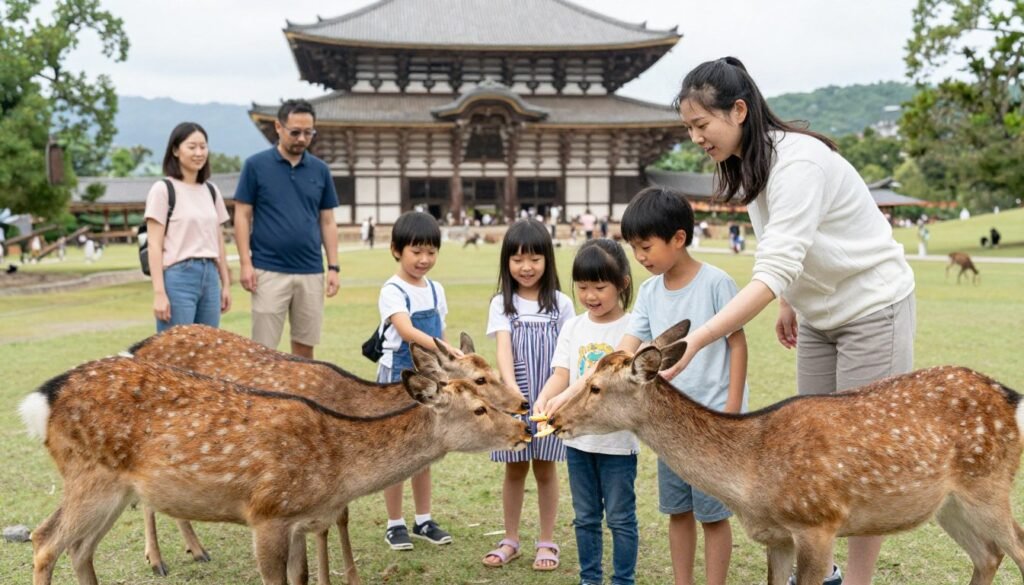 Children feeding deer in Nara Park with parents watching Children feeding deer in Nara Park with parents watching