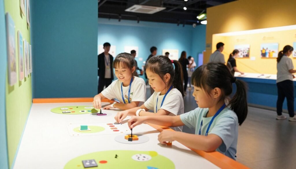 Children interacting with science exhibits at education center Children interacting with science exhibits at education center