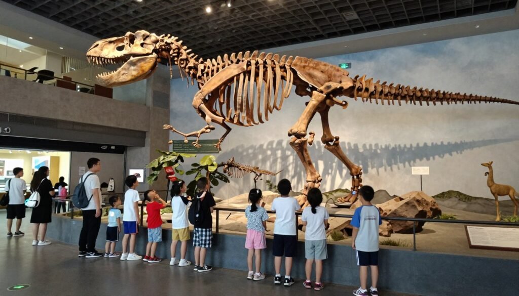 Children looking at dinosaur skeleton at Natural History Museum Children looking at dinosaur skeleton at Natural History Museum