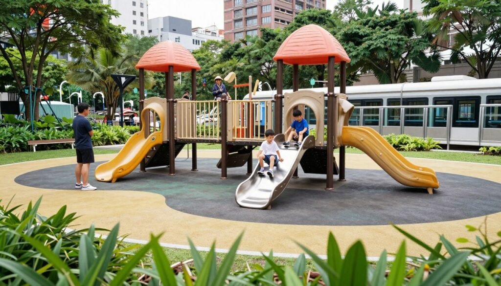 Children playing in park near Taipei MRT station