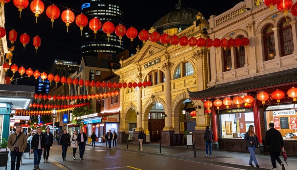 Chinatown Melbourne with lanterns and restaurants