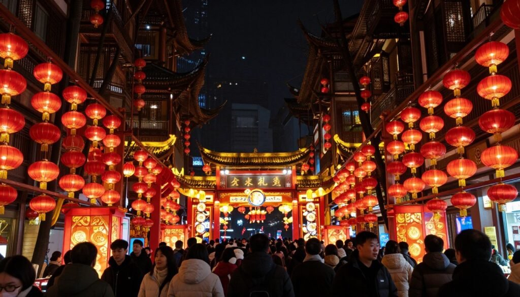 Chinese New Year celebration in Chengdu with lanterns and decorations